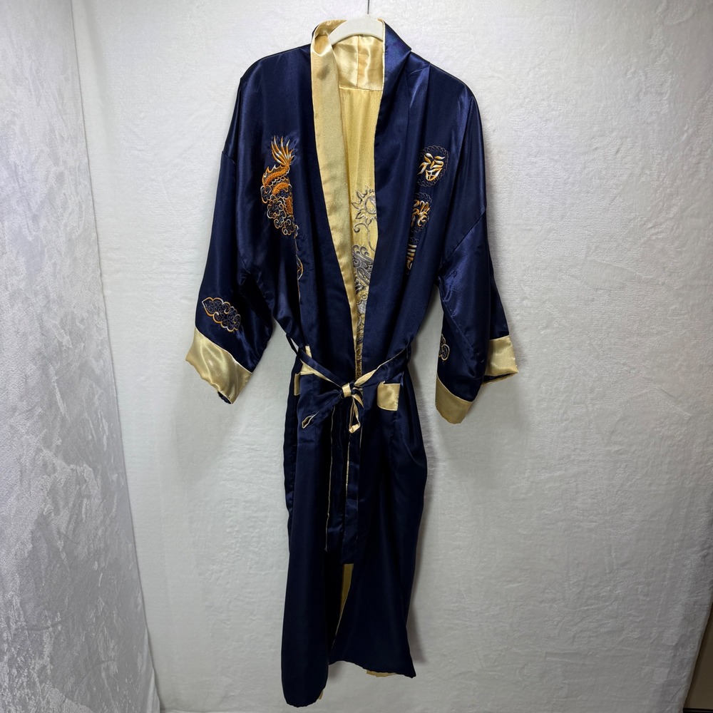 Navy Blue Gold Dragon Embroidered Satin Kimono Robe Asian Motif Reversible - Picture 1 of 15